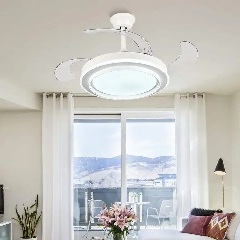 Modern white ceiling fan with curved blades integrated led lights and remote control for bedroom use