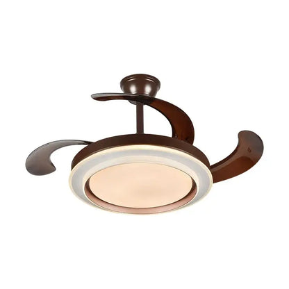 Brown ceiling fan with integrated circular led lights and remote control for modern bedroom use