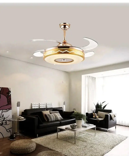 Modern gold bluetooth ceiling fan with integrated rgb color light and sleek curved blades for bedroom use