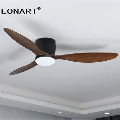Eonart ceiling fan with three dark brown wooden blades black housing integrated led light and remote control for bedroom