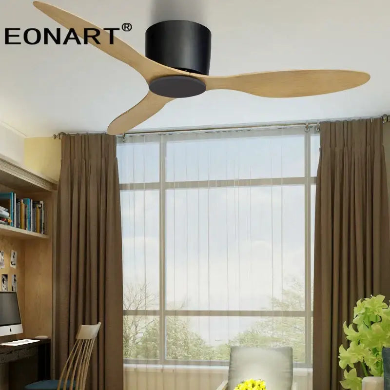 Modern black and white ceiling fan by Eonart with three light wood blades, LED light, and remote control for bedroom use