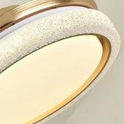 Gold-toned retractable ceiling fan light with textured crystal ring and frosted glass diffuser for bedroom use