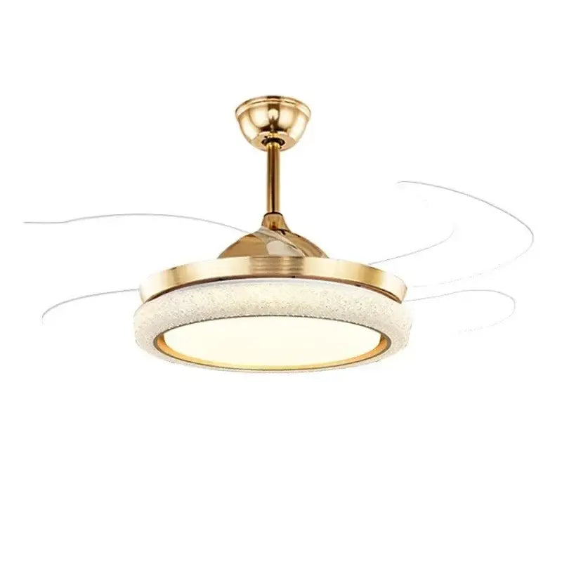 Gold-toned ceiling fan light with integrated LED lighting and frosted glass accents for bedroom fan light use