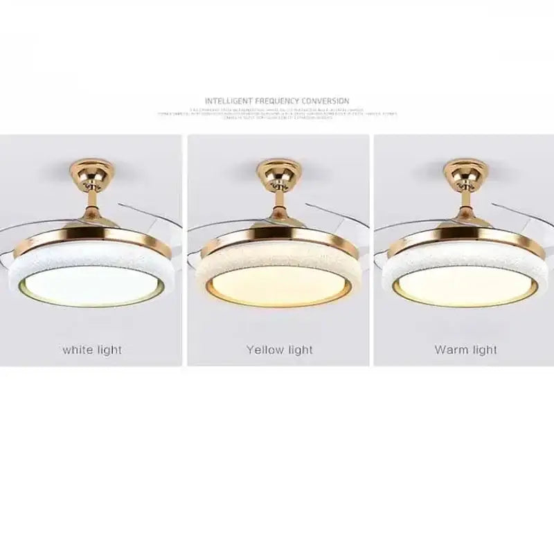 Gold crystal retractable ceiling fan light with gold finish and frosted glass diffuser featuring three lighting modes