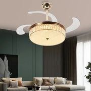 Modern gold crystal ceiling fan with remote control, retractable blades, clear crystal accents, and integrated lighting
