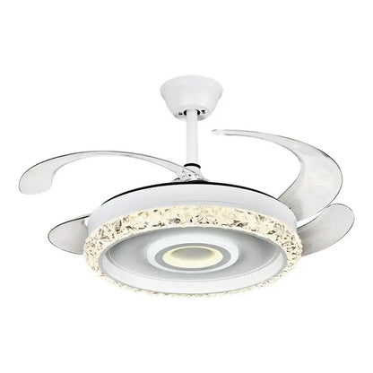 Modern white crystal leaf fan chandelier with curved blades chrome finish integrated led lighting for bedroom use