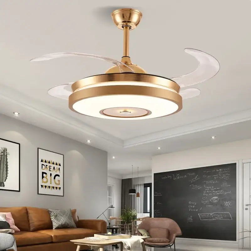 Modern gold led ceiling fan with clear acrylic blades and integrated light for living room use with remote control