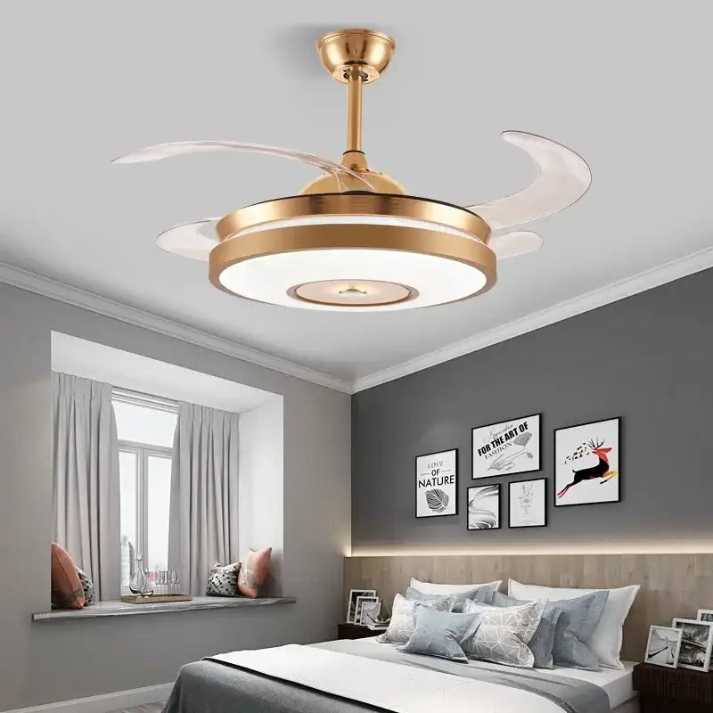 Modern gold led ceiling fan with translucent curved blades and integrated lighting for living room use
