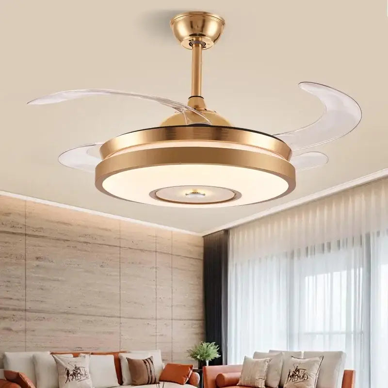 Modern gold led ceiling fan with transparent curved blades and integrated lighting for living room use