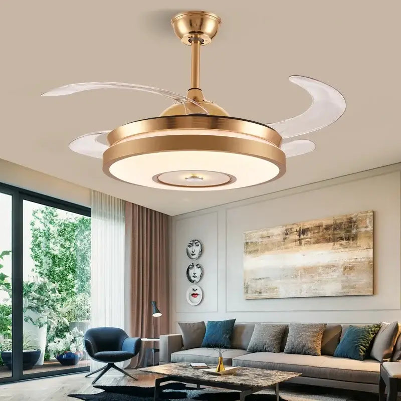 Modern gold led ceiling fan with integrated lighting and translucent curved blade covers for living room use