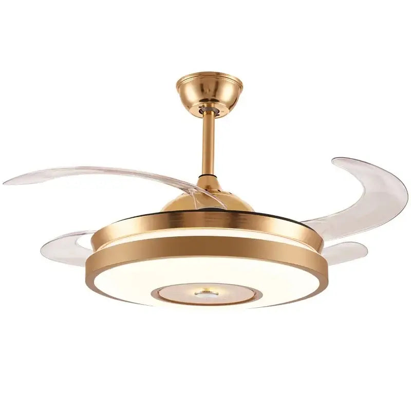 Modern gold led ceiling fan with translucent curved blades and integrated circular led ceiling light for living room use