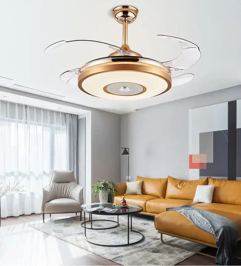Modern gold led ceiling fan with transparent blades and integrated lighting for living room use with remote control
