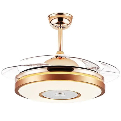 Modern gold led ceiling fan with remote featuring a sleek metal frame and transparent glass blades for living room lighting