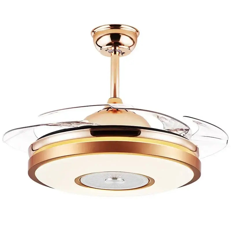 Modern gold led ceiling fan with remote featuring a sleek metal frame and transparent glass blades for living room lighting