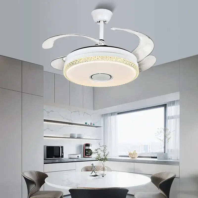 Luxury white crystal ceiling fan light featuring curved blade design and integrated LED fan light for bedroom use
