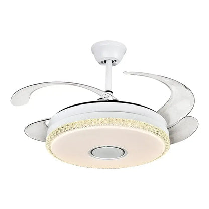 Modern luxury white crystal ceiling fan light with sleek chrome blades and led fan light for bedroom use