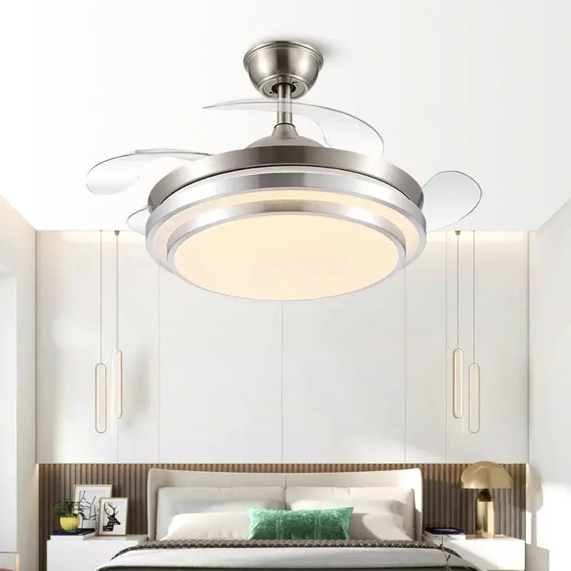 Modern brushed stainless led ceiling fan with silver-toned retractable blades and integrated circular led ceiling light fixture