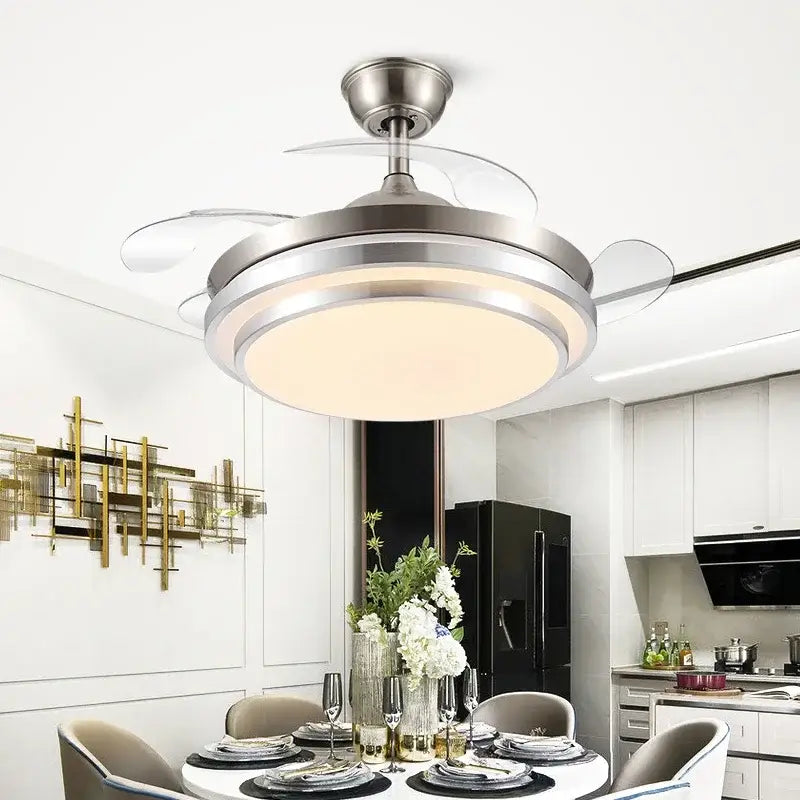 Modern brushed stainless led ceiling fan with integrated light and transparent retractable blades for bedroom use