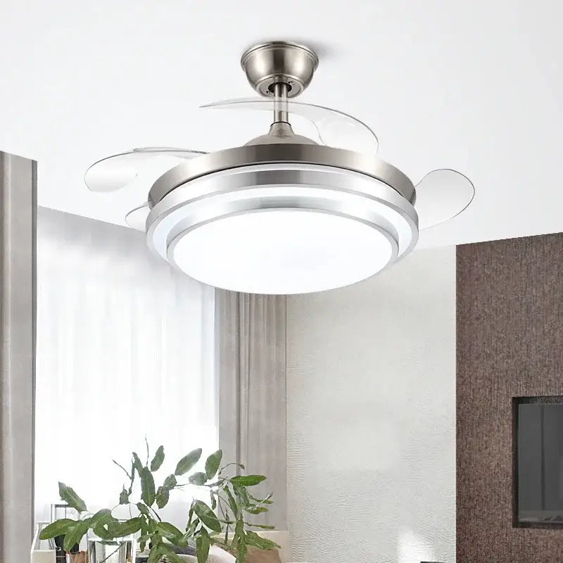 Modern brushed stainless ceiling fan with retractable transparent blades and integrated led ceiling lighting for bedroom use