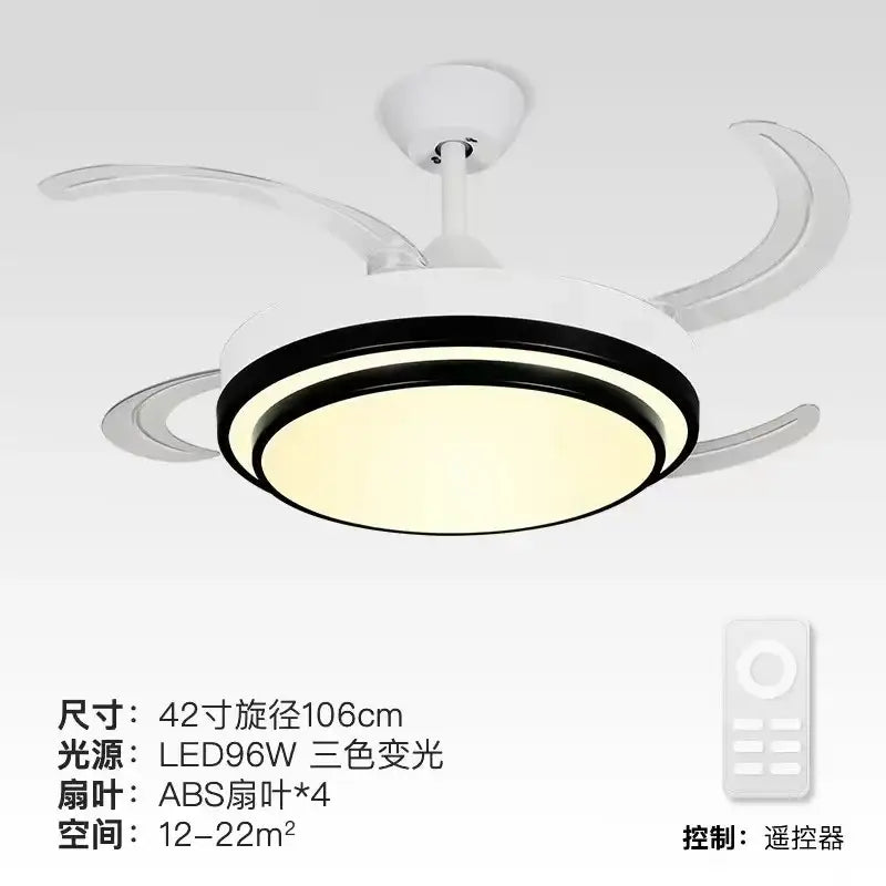 Modern brushed stainless led ceiling fan with white and black circular design and four translucent abs blades for bedroom use