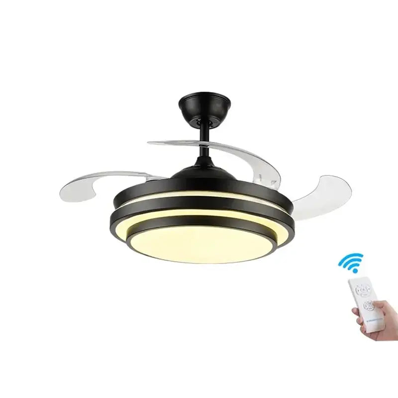 Modern black ceiling fan with clear acrylic retractable blades and dual led lighting rings for contemporary interiors