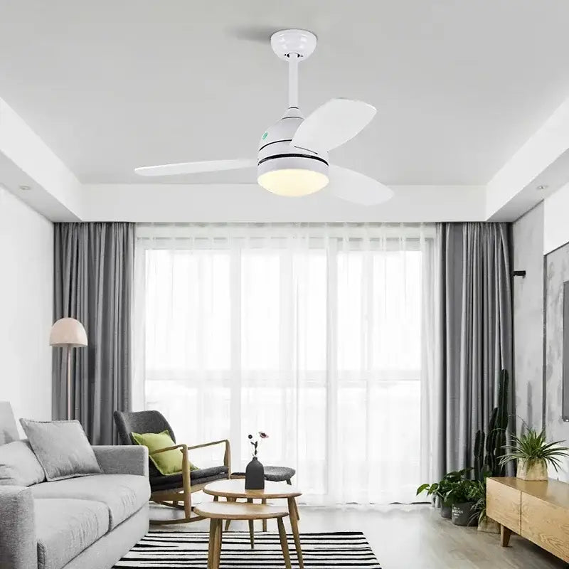 Modern white wood blades ceiling fan with three blades and central light fixture suitable for bedroom use