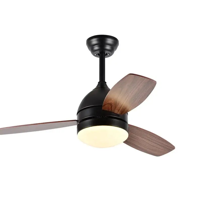 Black metal ceiling fans light with three wooden blades designed for modern bedroom use with remote control