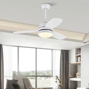 Modern white wood blades ceiling fan with three blades and integrated lighting for bedroom use with remote control