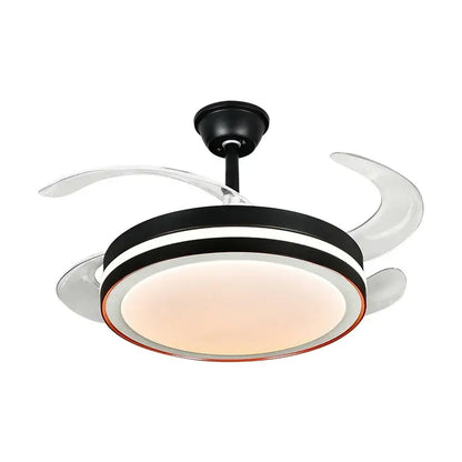 Modern black and white ceiling fan with sleek curved blades, integrated led light, and remote control functionality