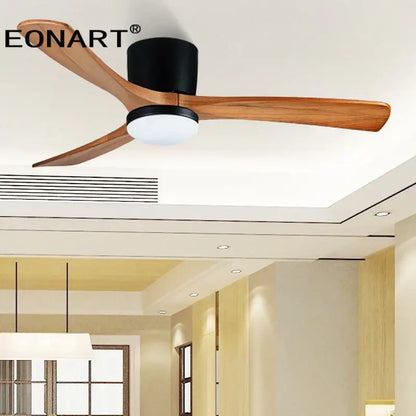 Eonart modern black and white ceiling fan with three wooden blades and integrated led dc ceiling light for bedroom use