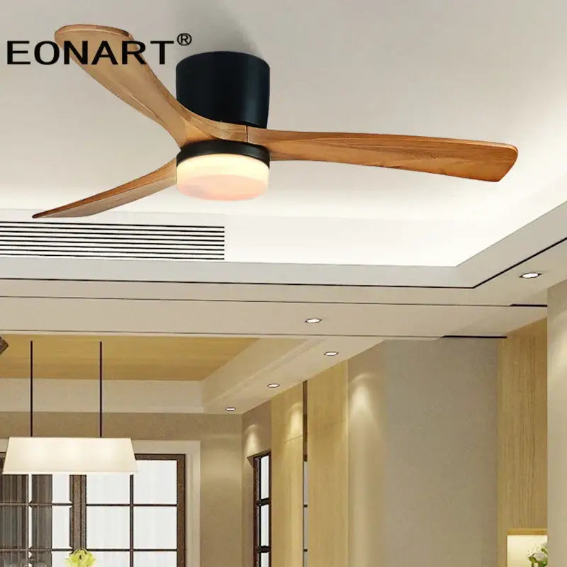 Eonart modern black and white wooden led dc ceiling fan with three light wood blades and integrated warm led lighting