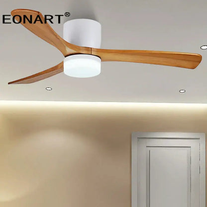 Eonart modern black and white wooden led dc ceiling fan with three light wood blades and white cylindrical housing for bedroom use