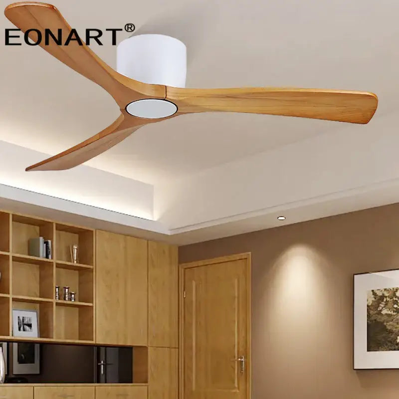 Eonart modern black and white wooden led dc ceiling fan with three light-colored wooden blades and white housing for bedroom