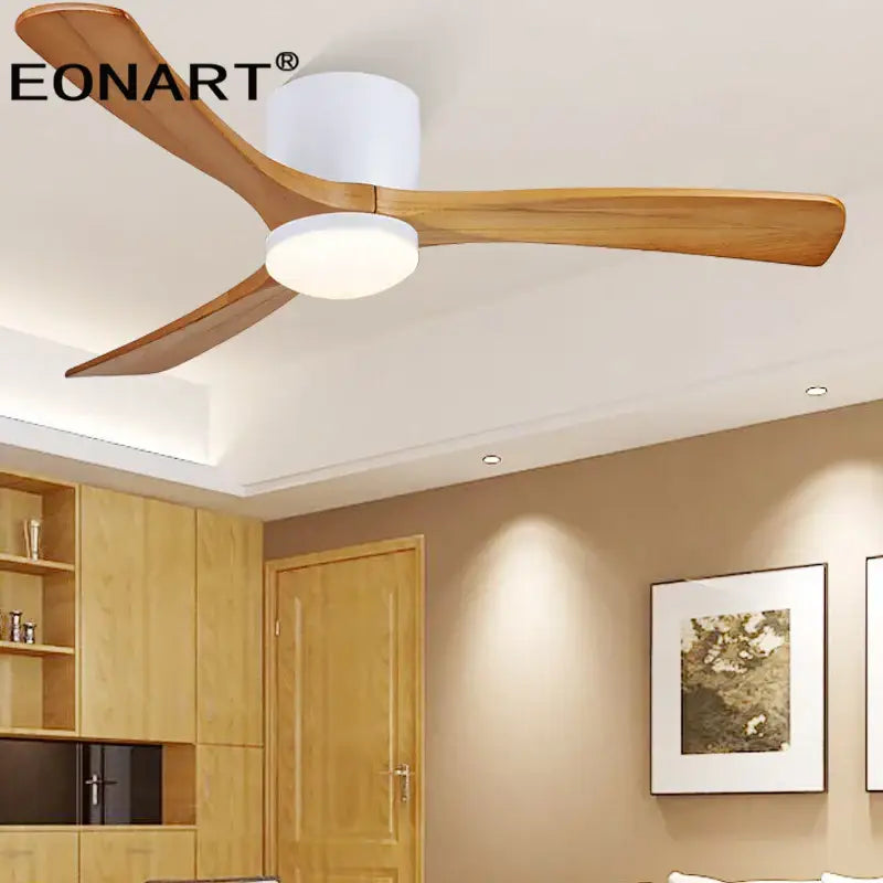 Eonart modern black and white wooden led dc ceiling fan with three light wood blades and white cylindrical housing for bedroom