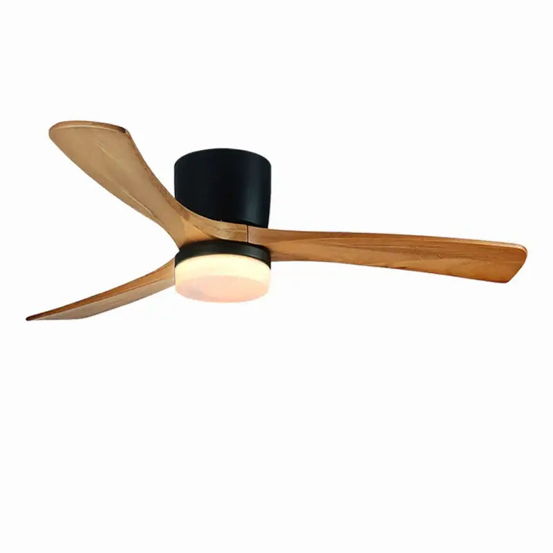 Modern black and white ceiling fan with three wooden blades and integrated warm led dc ceiling light for bedroom use