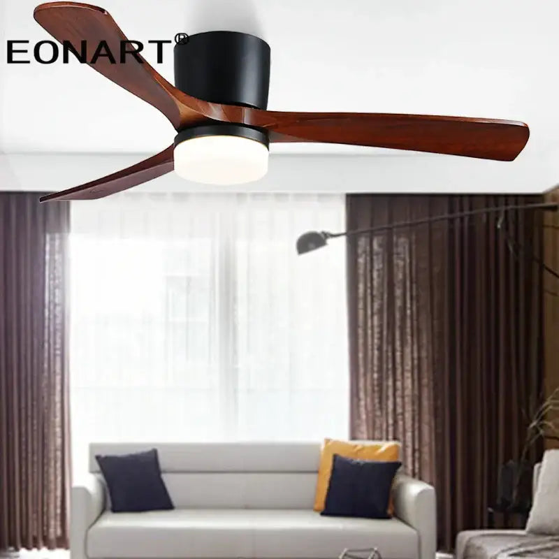 Eonart modern black and white wooden led dc ceiling fan with three dark wood blades and frosted glass light fixture