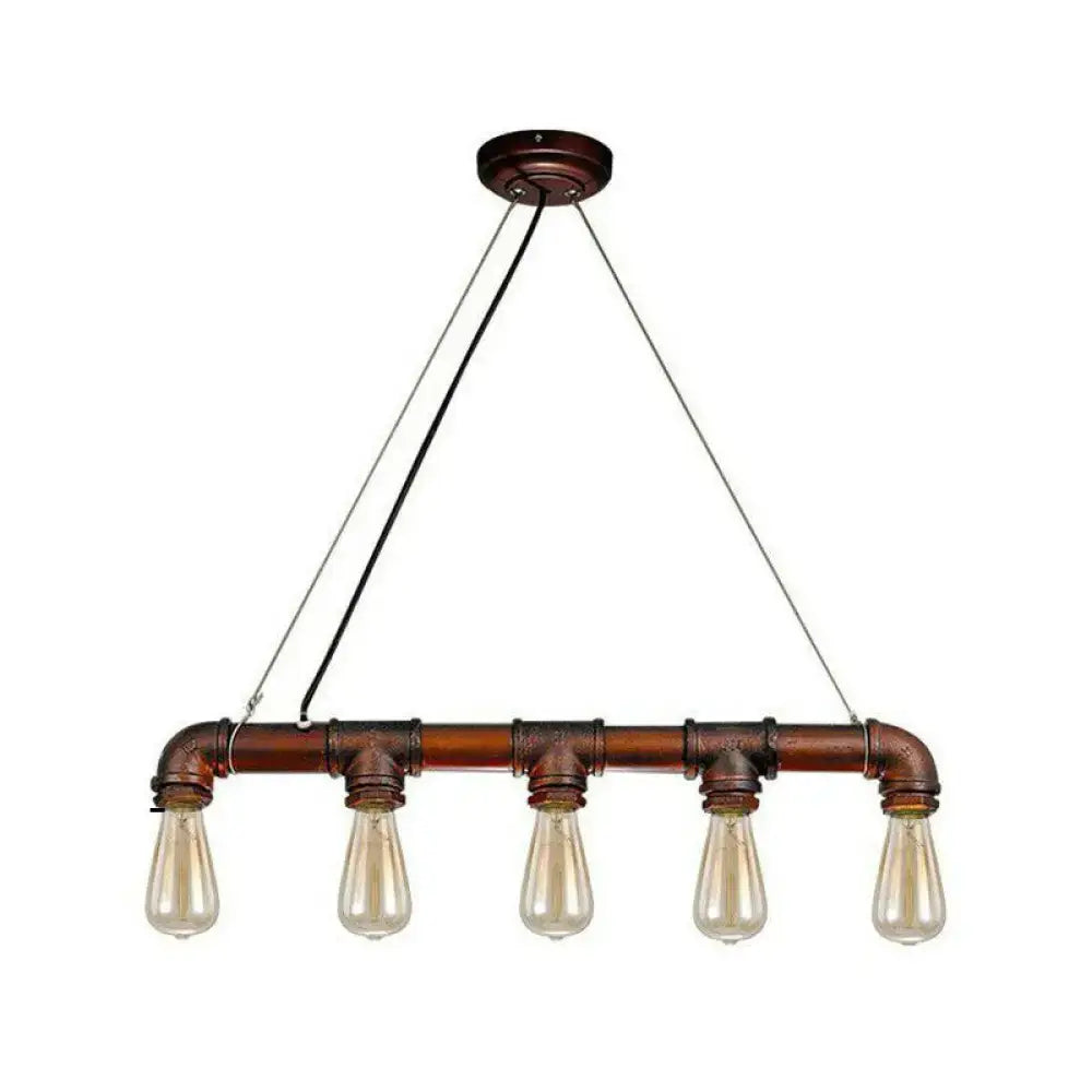 DecorBites™ industrial-style copper pendant light with five exposed filament bulbs and steampunk straight pipe design