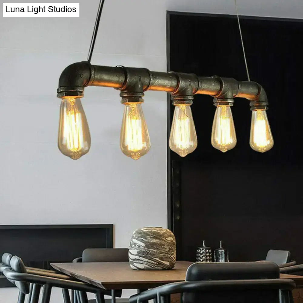 DecorBites 5-head steampunk straight pipe pendant light with five exposed edison bulbs and rustic dark metal frame ceiling lamp