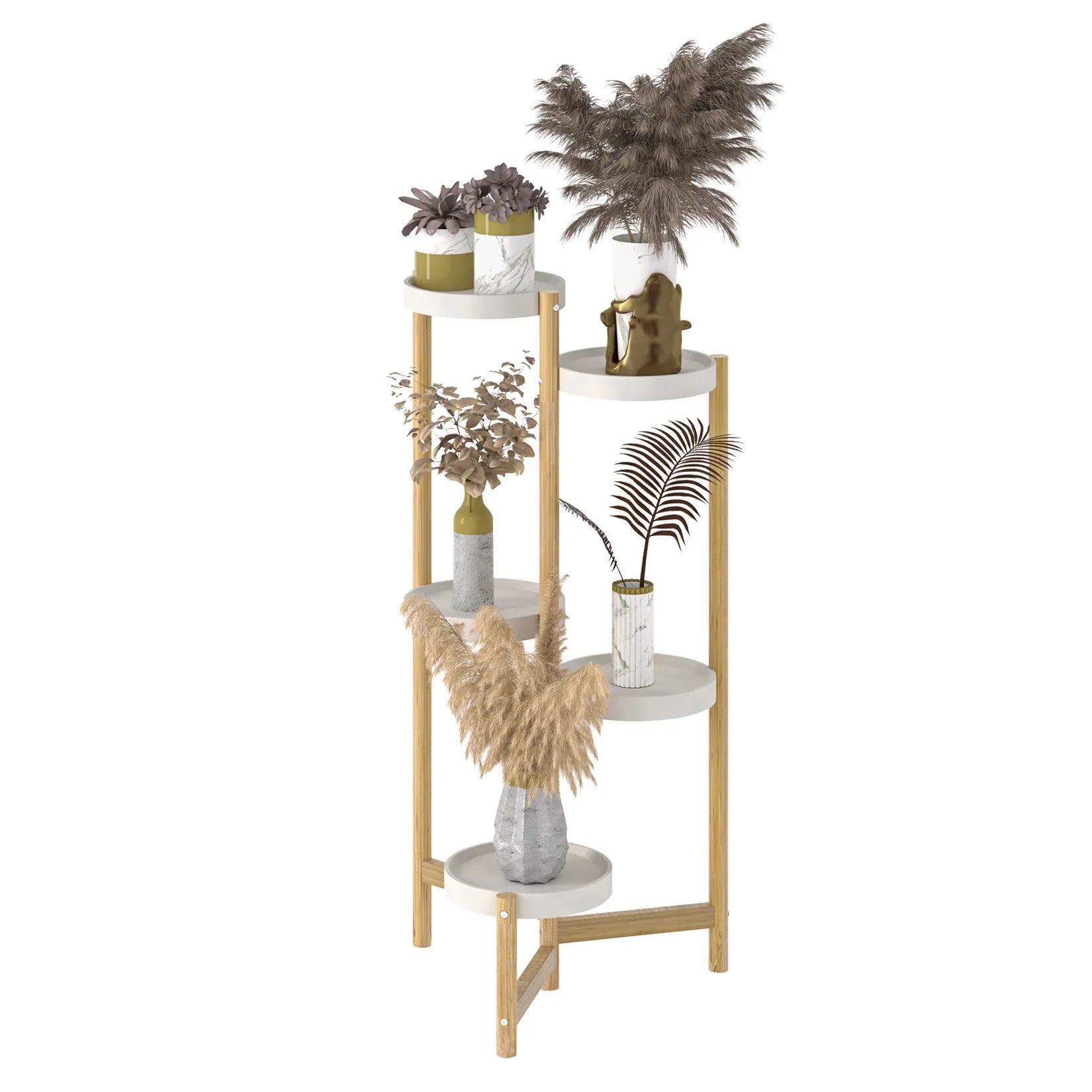 Modern four-tier plant stand with gold metal legs and white marble shelves holding dried plants, not a bamboo plant stand