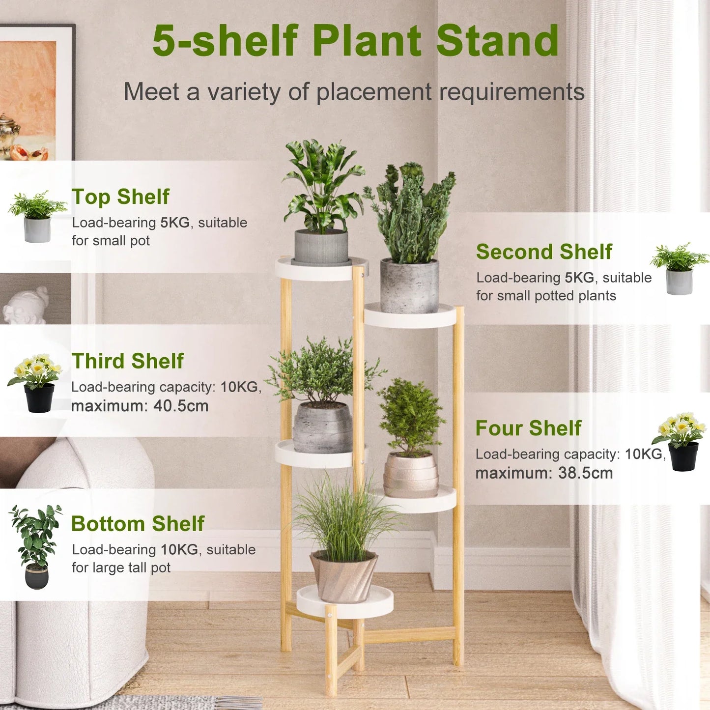 Decorbites 5-tier bamboo plant stand with light wood legs and white shelves for indoor and outdoor use
