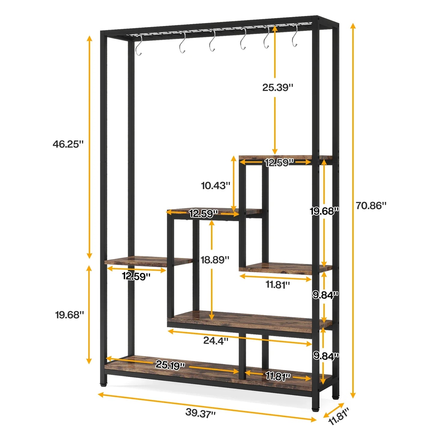 Black metal frame 5-tier tall plant stand with rustic wood shelves and hanging hooks for multi-level storage