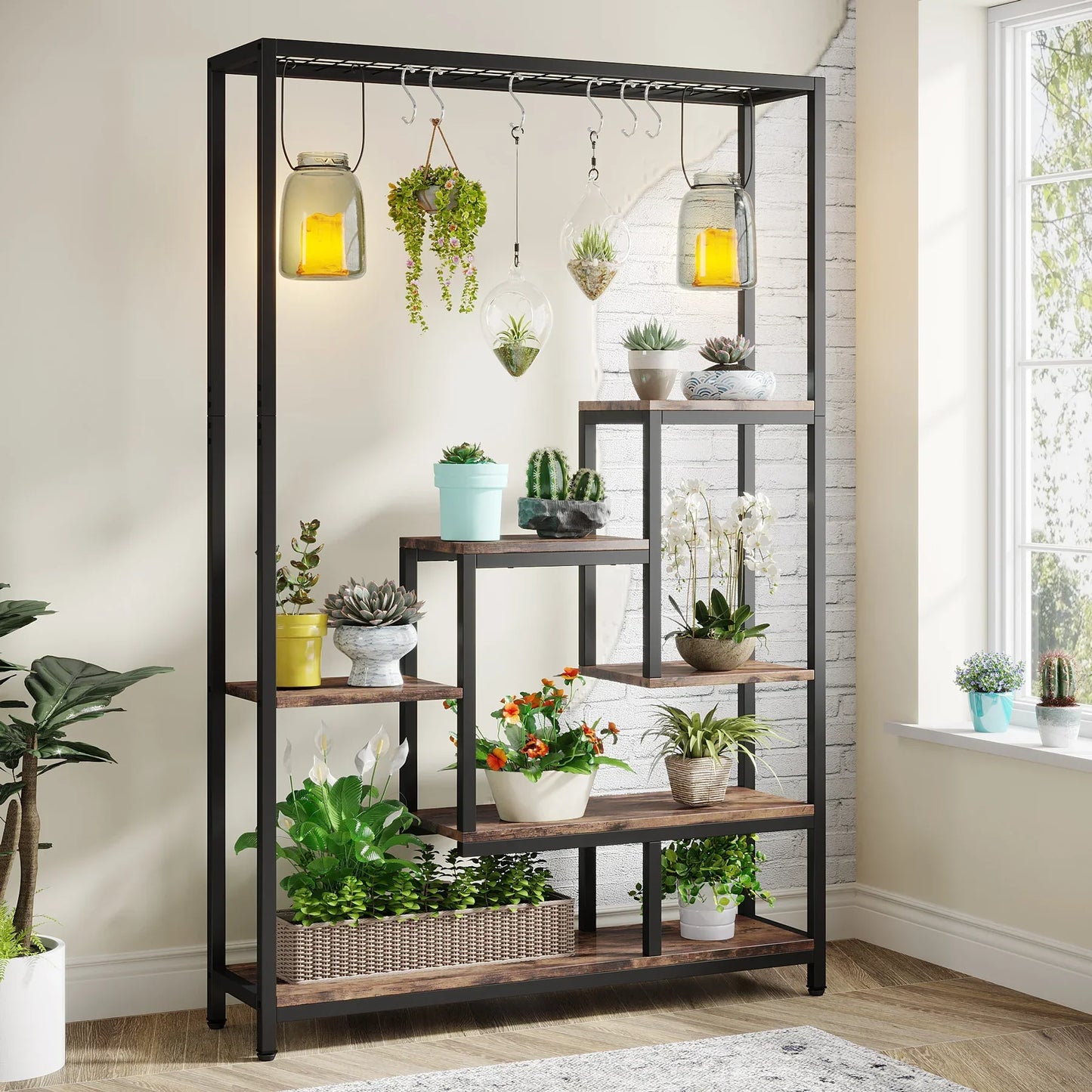 DecorBites™ 5-tier tall black metal and rustic wood plant stand with hanging hooks and glass jar accents