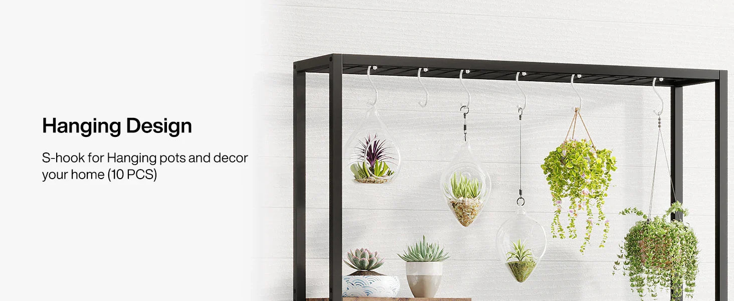 Black metal s-hook hanging hooks on decorbites™ 5-tier tall metal plant stand for pots and decor display