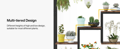 Decorbites™ 5-tier tall black metal plant stand with wooden shelves and hanging hooks holding colorful potted plants