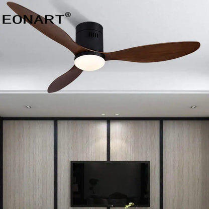 Eonart ceiling fan with three dark brown wooden blades and black dc ceiling housing with integrated light and remote control
