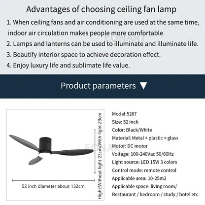 Modern black and white 52-inch ceiling fan lamp with metal plastic glass construction and remote control for bedroom use