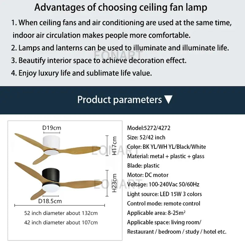 Modern black and white ceiling fan with wooden blades, led light, and remote control for living room use