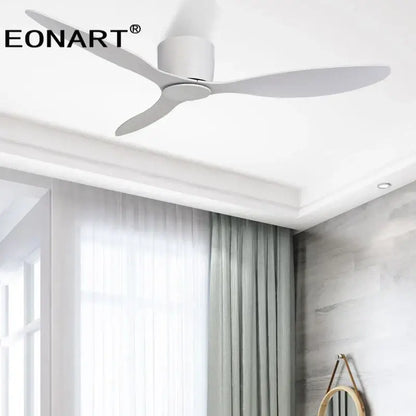 Modern black and white ceiling fan with sleek blades, led light, and remote control for living room use