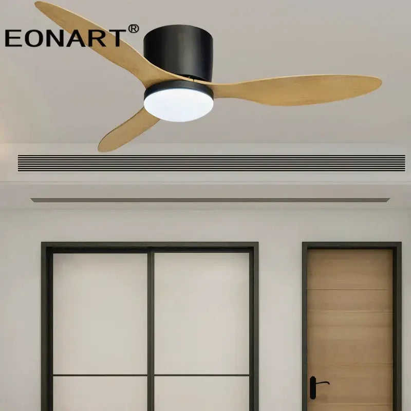 Eonart modern black and white ceiling fan with three wooden blades, integrated led light, and remote control for living room