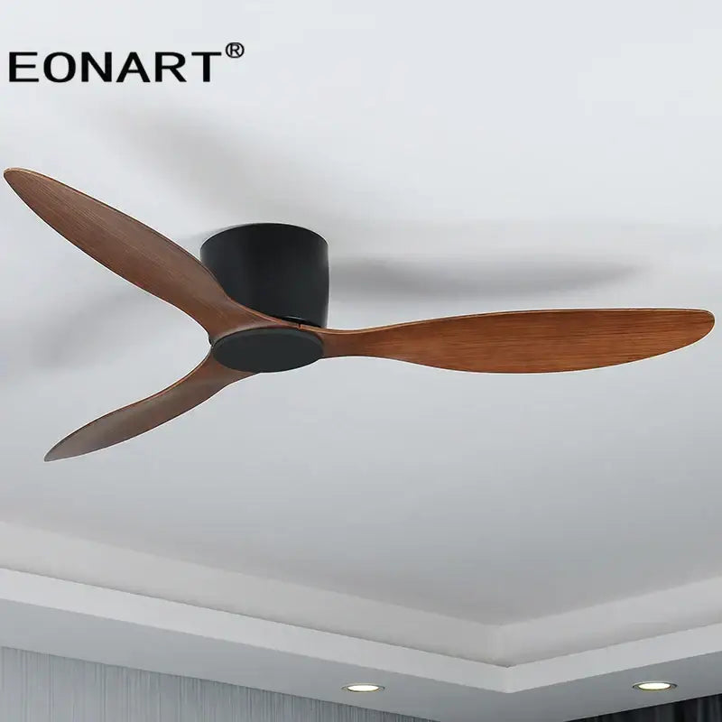 Eonart ceiling fan with three dark brown wooden blades matte black housing led light and remote control for living room